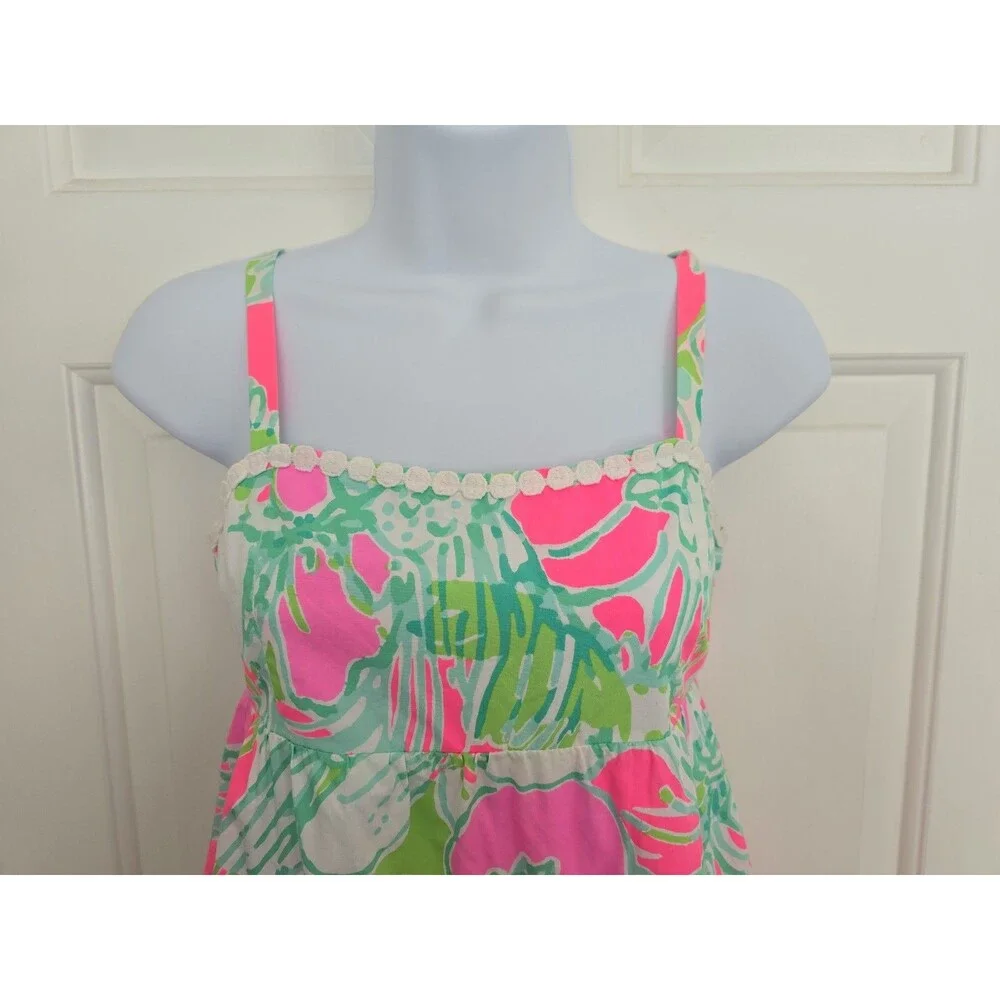 Lilly Pulitzer Girls Floral Spaghetti Strap Dress Size 14 XL Pink and Green.